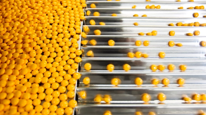 pills on a conveyor belt
