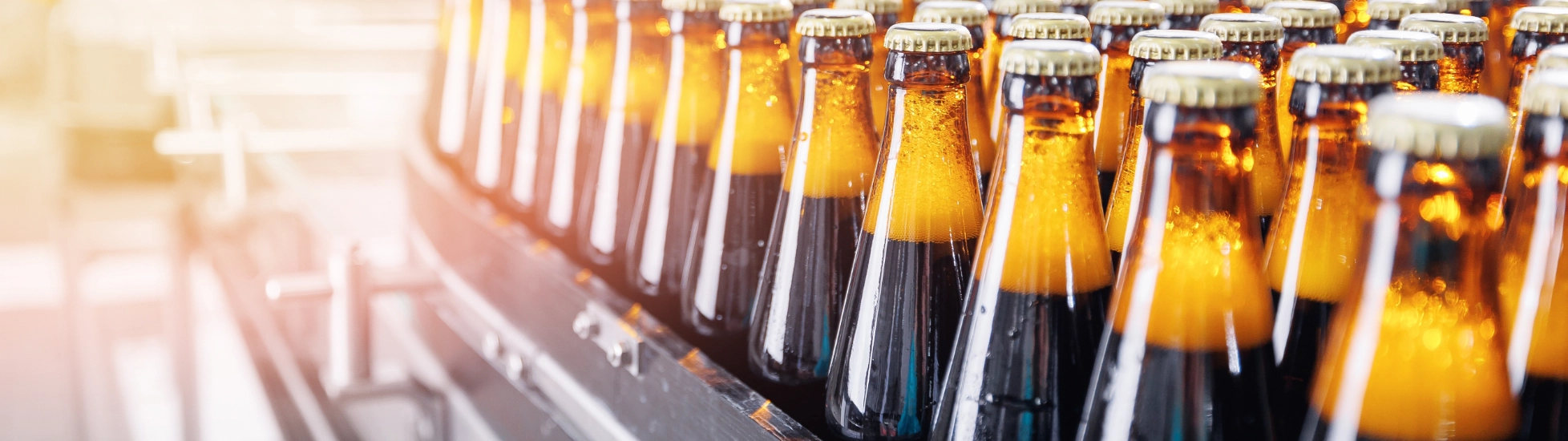 filled bottles lined up at a factory